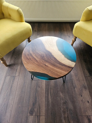 Epoxy Resin Walnut Round Coffee Table, Emerald Green/ Blue Resin Solid Walnut 24Inch (60cm) Diameter