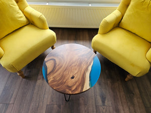 Epoxy Resin Walnut Round Coffee Table, Emerald Green/ Blue Resin Solid Walnut 24Inch (60cm) Diameter