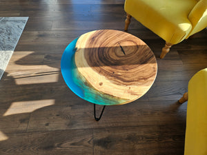 Epoxy Resin Walnut Round Coffee Table, Emerald Green/ Blue Resin Solid Walnut 24Inch (60cm) Diameter