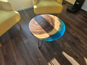 Epoxy Resin Walnut Round Coffee Table, Emerald Green/ Blue Resin Solid Walnut 24Inch (60cm) Diameter