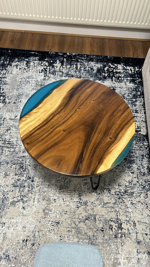 Epoxy Resin Walnut Round Coffee Table, Emerald Green/ Blue Resin Solid Walnut 24Inch (60cm) Diameter