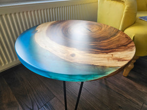 Epoxy Resin Walnut Round Coffee Table, Emerald Green/ Blue Resin Solid Walnut 24Inch (60cm) Diameter