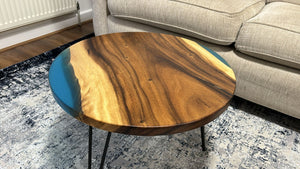 Epoxy Resin Walnut Round Coffee Table, Emerald Green/ Blue Resin Solid Walnut 24Inch (60cm) Diameter